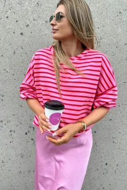 Hot Dear-Lover Striped Print Crew Neck Drop Shoulder Sweatshirt Sachet Pink