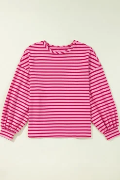 Hot Dear-Lover Striped Print Crew Neck Drop Shoulder Sweatshirt Sachet Pink