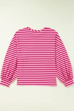 Hot Dear-Lover Striped Print Crew Neck Drop Shoulder Sweatshirt Sachet Pink