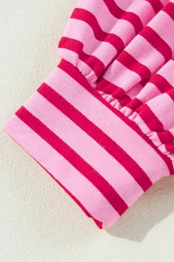 Hot Dear-Lover Striped Print Crew Neck Drop Shoulder Sweatshirt Sachet Pink