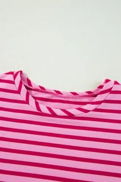 Hot Dear-Lover Striped Print Crew Neck Drop Shoulder Sweatshirt Sachet Pink