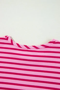 Hot Dear-Lover Striped Print Crew Neck Drop Shoulder Sweatshirt Sachet Pink