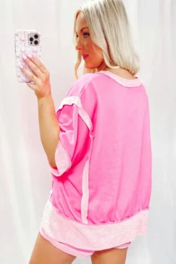Online Dear-Lover Terry Cloth Colour Blocking Shorts Set Sachet Pink