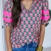 Discount Dear-Lover V-Neck Ruffle Abstract Floral Print Puff Sleeve Top Sachet Pink