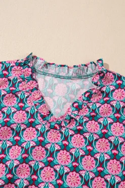 Discount Dear-Lover V-Neck Ruffle Abstract Floral Print Puff Sleeve Top Sachet Pink