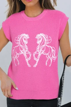 Hot Dear-Lover Western Horse Embroidered Round Neck Sweater Tee Sachet Pink