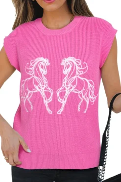 Hot Dear-Lover Western Horse Embroidered Round Neck Sweater Tee Sachet Pink
