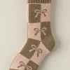 Online Dear-Lover Checkered Bowknot Printed Thermal Mid Calf Socks Sage Green