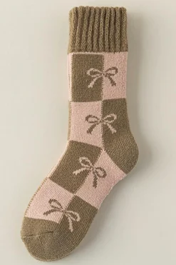 Online Dear-Lover Checkered Bowknot Printed Thermal Mid Calf Socks Sage Green