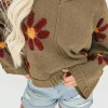 Fashion Dear-Lover Flower Knit Ribbed Trim V Neck Sweater sage Green