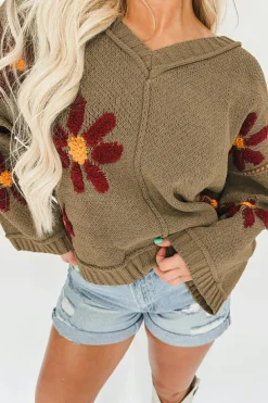 Fashion Dear-Lover Flower Knit Ribbed Trim V Neck Sweater sage Green