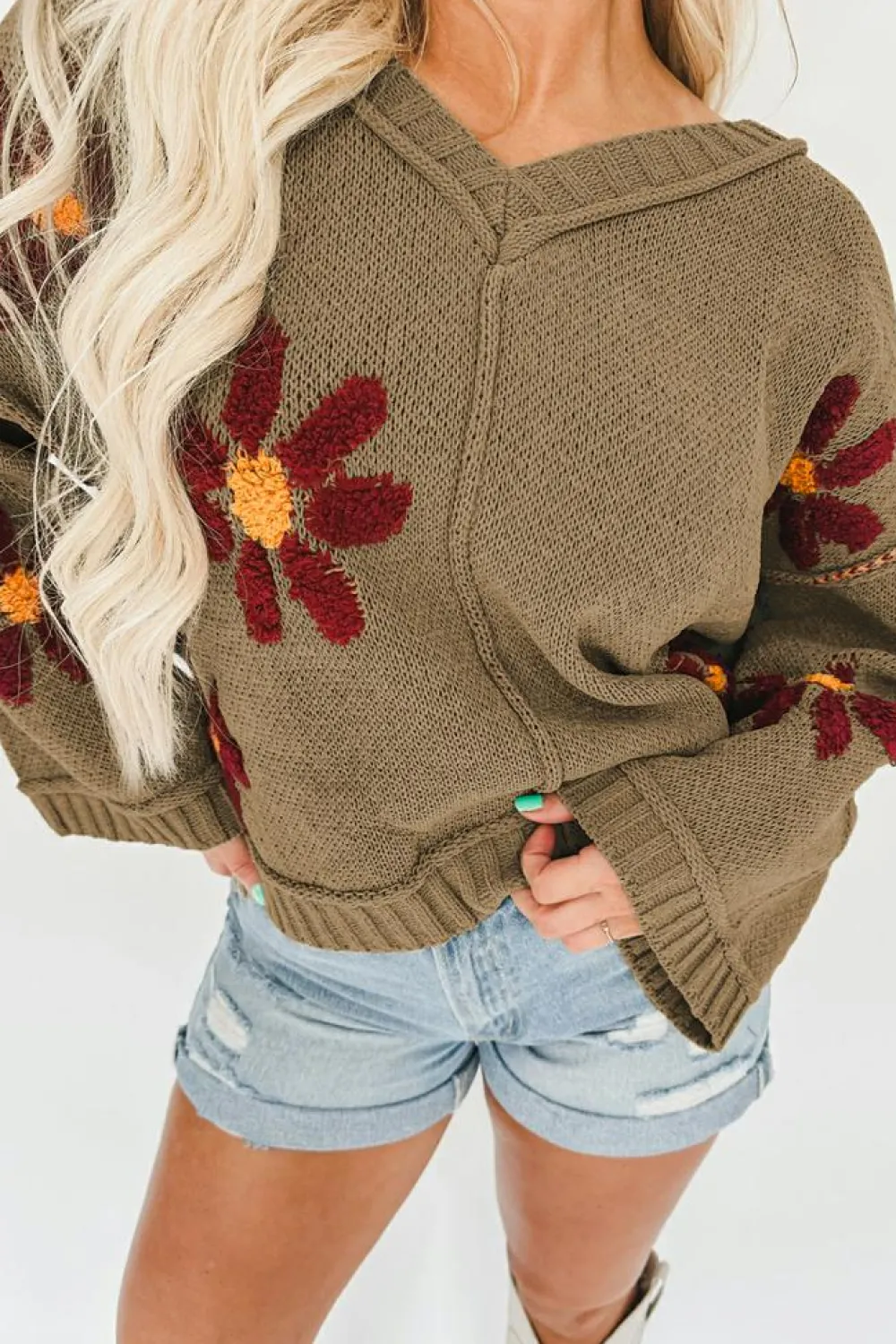 Fashion Dear-Lover Flower Knit Ribbed Trim V Neck Sweater sage Green