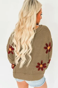 Fashion Dear-Lover Flower Knit Ribbed Trim V Neck Sweater sage Green