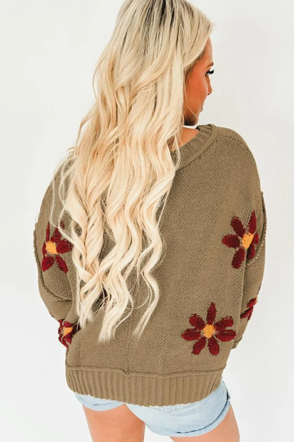 Fashion Dear-Lover Flower Knit Ribbed Trim V Neck Sweater sage Green