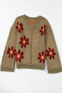 Fashion Dear-Lover Flower Knit Ribbed Trim V Neck Sweater sage Green