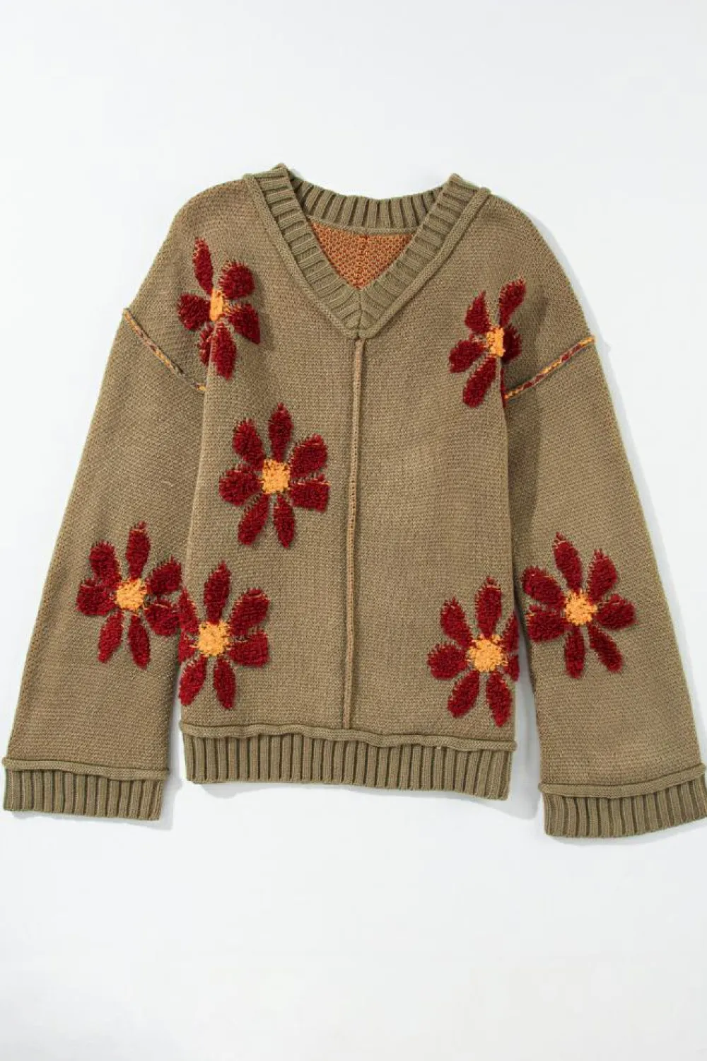 Fashion Dear-Lover Flower Knit Ribbed Trim V Neck Sweater sage Green