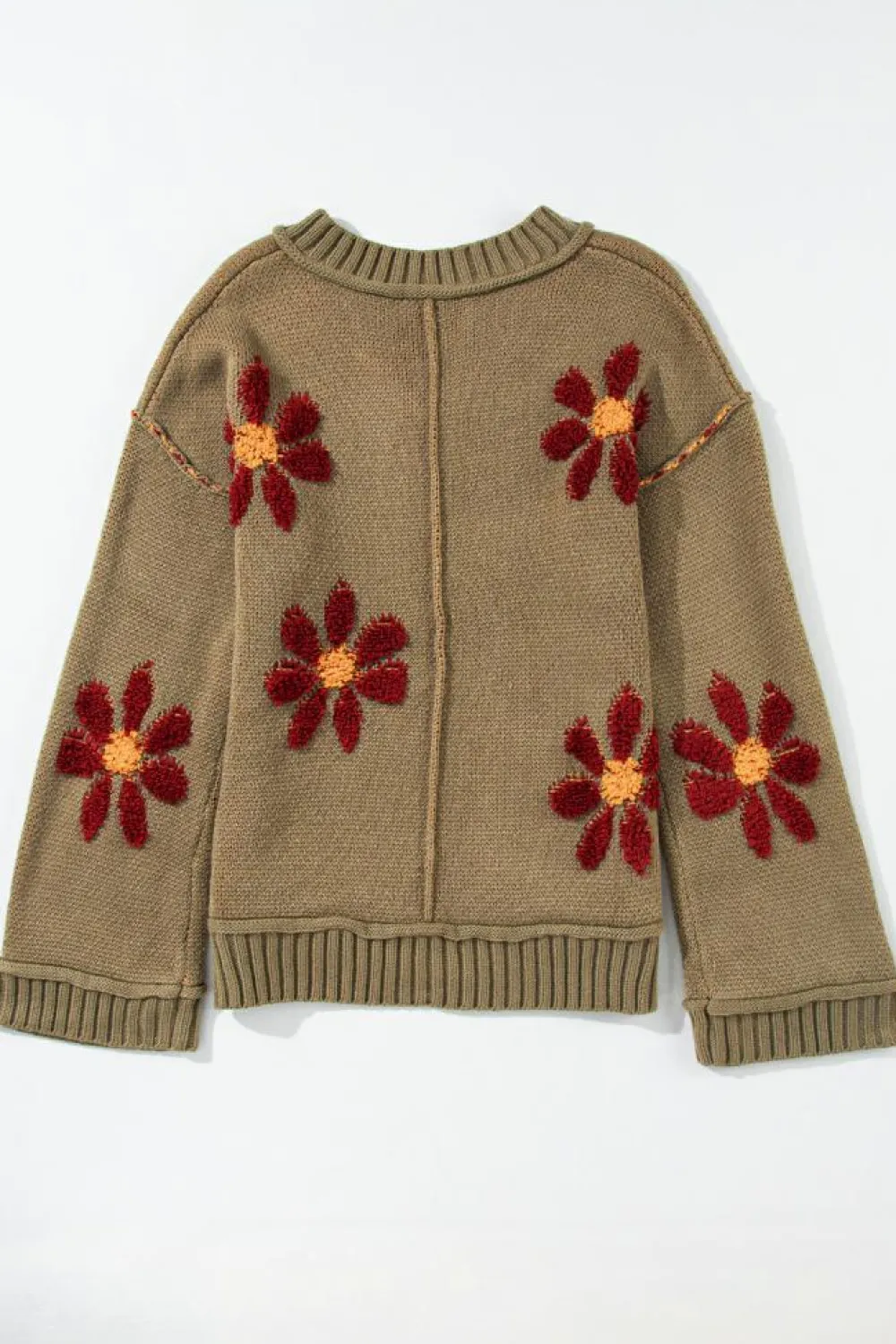 Fashion Dear-Lover Flower Knit Ribbed Trim V Neck Sweater sage Green