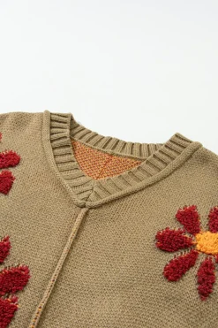 Fashion Dear-Lover Flower Knit Ribbed Trim V Neck Sweater sage Green