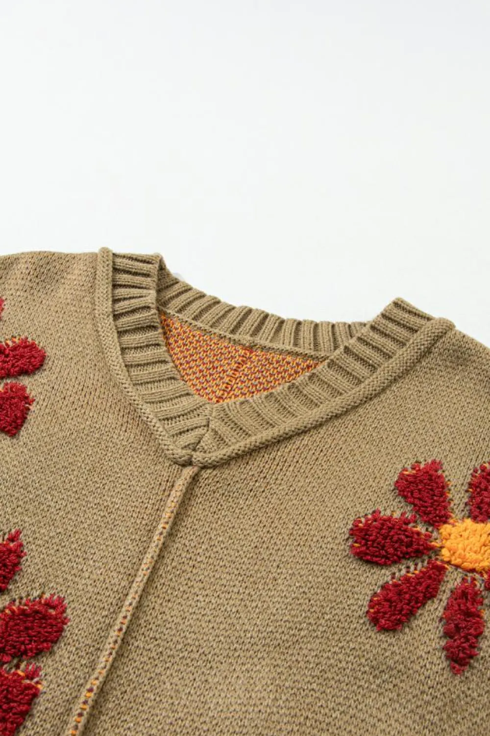 Fashion Dear-Lover Flower Knit Ribbed Trim V Neck Sweater sage Green