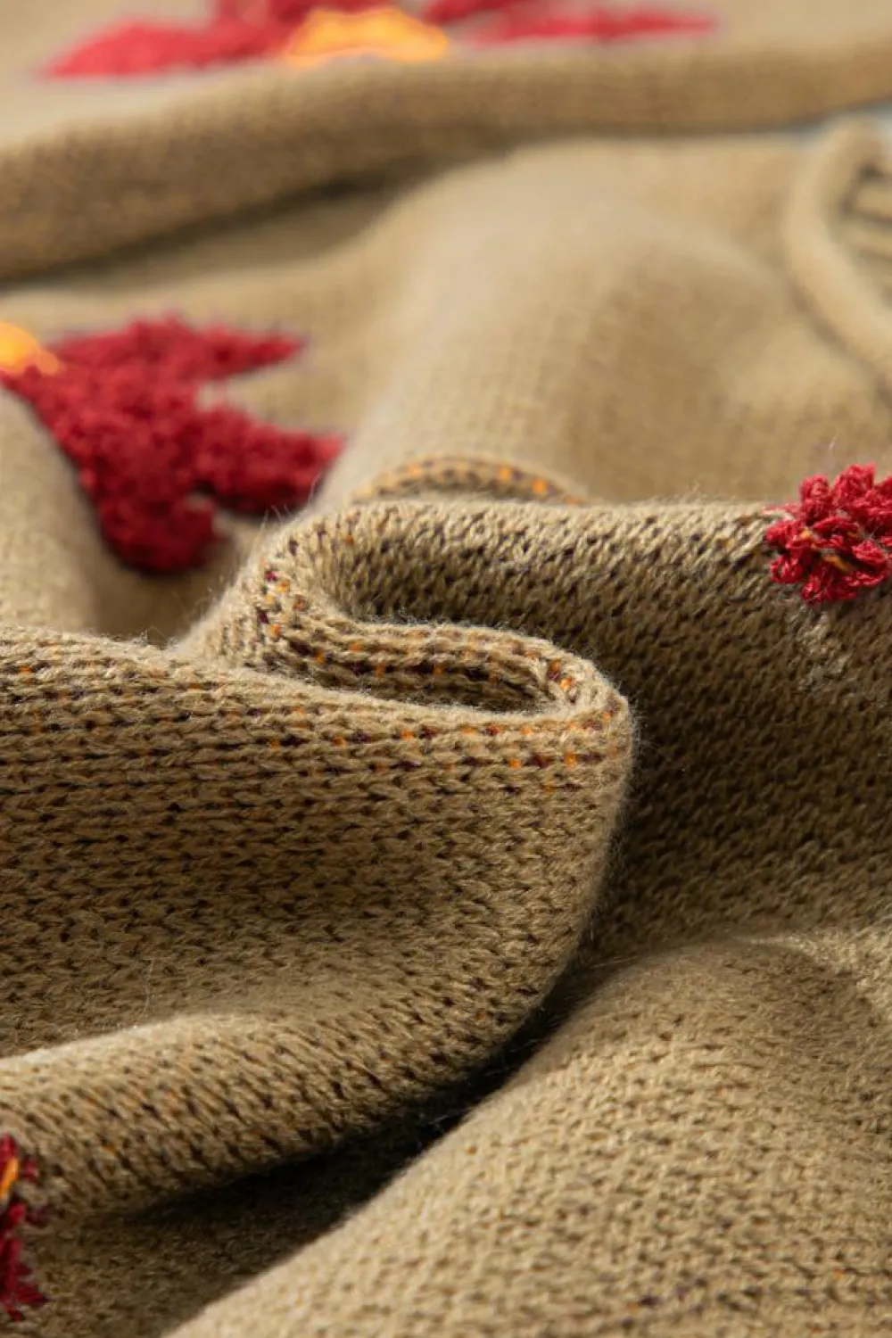 Fashion Dear-Lover Flower Knit Ribbed Trim V Neck Sweater sage Green