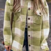 Sale Dear-Lover Plaid Print Buttoned Flap Pockets Baggy Shacket Sage Green