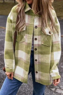 Sale Dear-Lover Plaid Print Buttoned Flap Pockets Baggy Shacket Sage Green