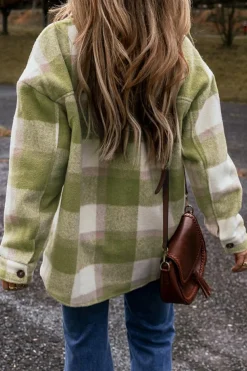 Sale Dear-Lover Plaid Print Buttoned Flap Pockets Baggy Shacket Sage Green
