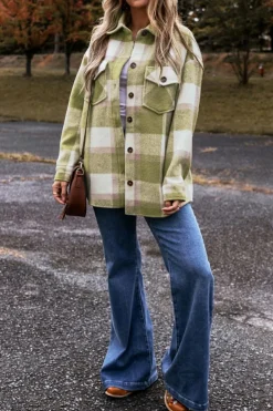 Sale Dear-Lover Plaid Print Buttoned Flap Pockets Baggy Shacket Sage Green