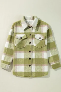 Sale Dear-Lover Plaid Print Buttoned Flap Pockets Baggy Shacket Sage Green