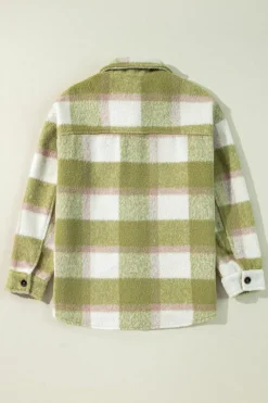 Sale Dear-Lover Plaid Print Buttoned Flap Pockets Baggy Shacket Sage Green