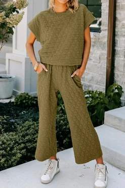 Sale Dear-Lover Quilted Short Sleeve Wide Leg Pants Set Sage Green