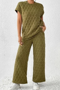 Sale Dear-Lover Quilted Short Sleeve Wide Leg Pants Set Sage Green