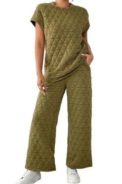 Sale Dear-Lover Quilted Short Sleeve Wide Leg Pants Set Sage Green