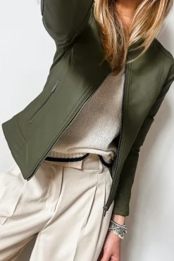 Online Dear-Lover Solid Faux Leather Zipper Slim Fit Bomber Jacket Sage Green