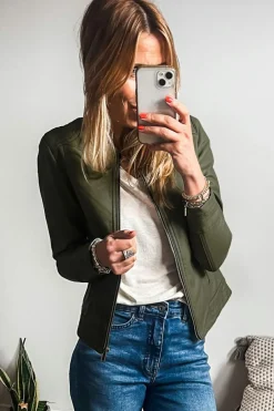Online Dear-Lover Solid Faux Leather Zipper Slim Fit Bomber Jacket Sage Green