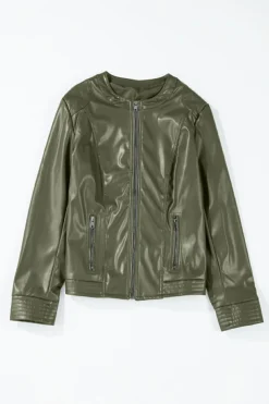 Online Dear-Lover Solid Faux Leather Zipper Slim Fit Bomber Jacket Sage Green