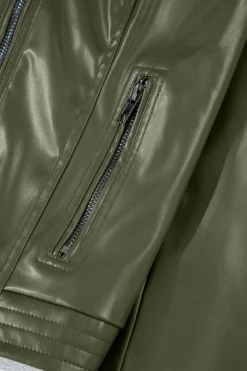 Online Dear-Lover Solid Faux Leather Zipper Slim Fit Bomber Jacket Sage Green