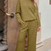 Sale Dear-Lover Solid Quilted Pullover and Pants Outfit Sage Green