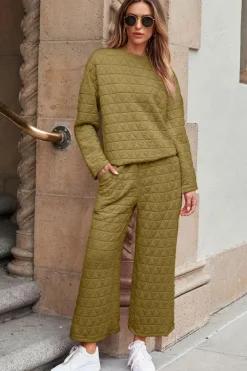 Sale Dear-Lover Solid Quilted Pullover and Pants Outfit Sage Green