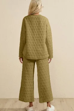 Sale Dear-Lover Solid Quilted Pullover and Pants Outfit Sage Green