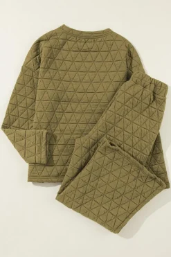 Sale Dear-Lover Solid Quilted Pullover and Pants Outfit Sage Green
