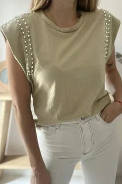 Sale Dear-Lover Studded Cap Sleeve Round Neck T Shirt Sage Green