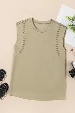 Sale Dear-Lover Studded Cap Sleeve Round Neck T Shirt Sage Green