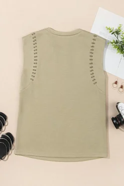 Sale Dear-Lover Studded Cap Sleeve Round Neck T Shirt Sage Green