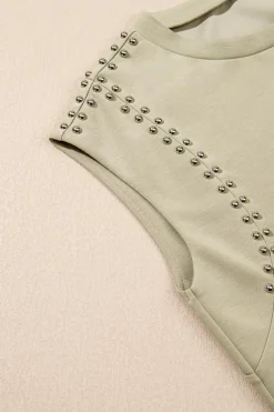 Sale Dear-Lover Studded Cap Sleeve Round Neck T Shirt Sage Green