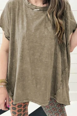 Sale Dear-Lover Vintage Washed Short Dolman Sleeve Oversized T Shirt Sage Green