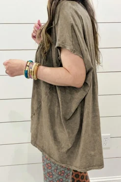 Sale Dear-Lover Vintage Washed Short Dolman Sleeve Oversized T Shirt Sage Green
