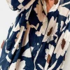 New Dear-Lover Abstract Floral Print Puff Sleeve Half Button Blouse Sail Blue