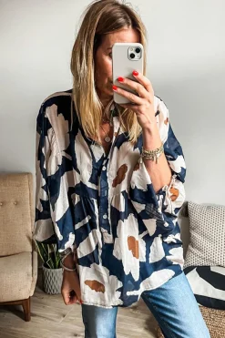 New Dear-Lover Abstract Floral Print Puff Sleeve Half Button Blouse Sail Blue