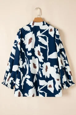 New Dear-Lover Abstract Floral Print Puff Sleeve Half Button Blouse Sail Blue